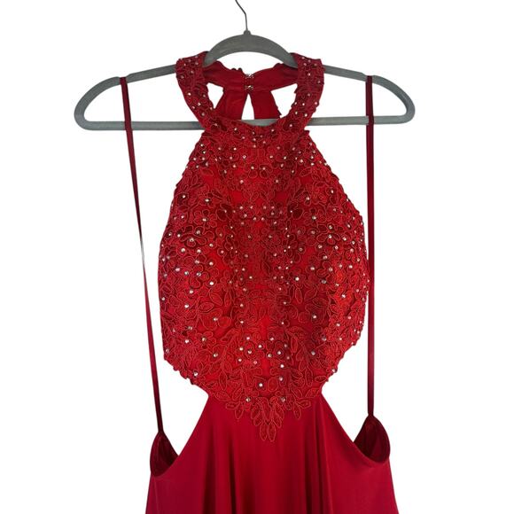 Betsy & Adam Red Rhinestone Halter Evening Gown Formal Dress - Size 4 - Picture 5 of 16